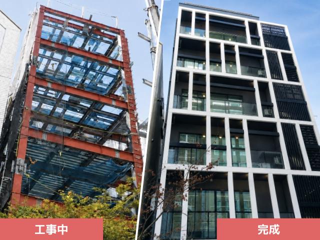 ファサードデザインの配慮したビルの竣工写真と建設中の写真の比較イメージ