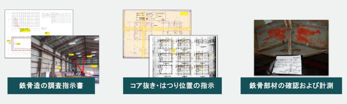 幹構造設計による調査指示書や現地での確認・計測イメージ
