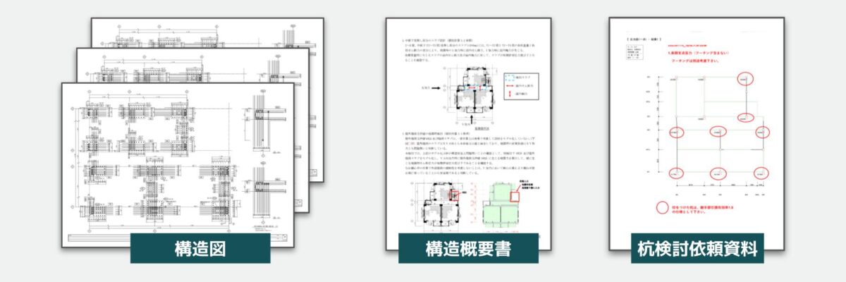 幹構造設計による構造図・構造概要書・杭検討資料の作成イメージ